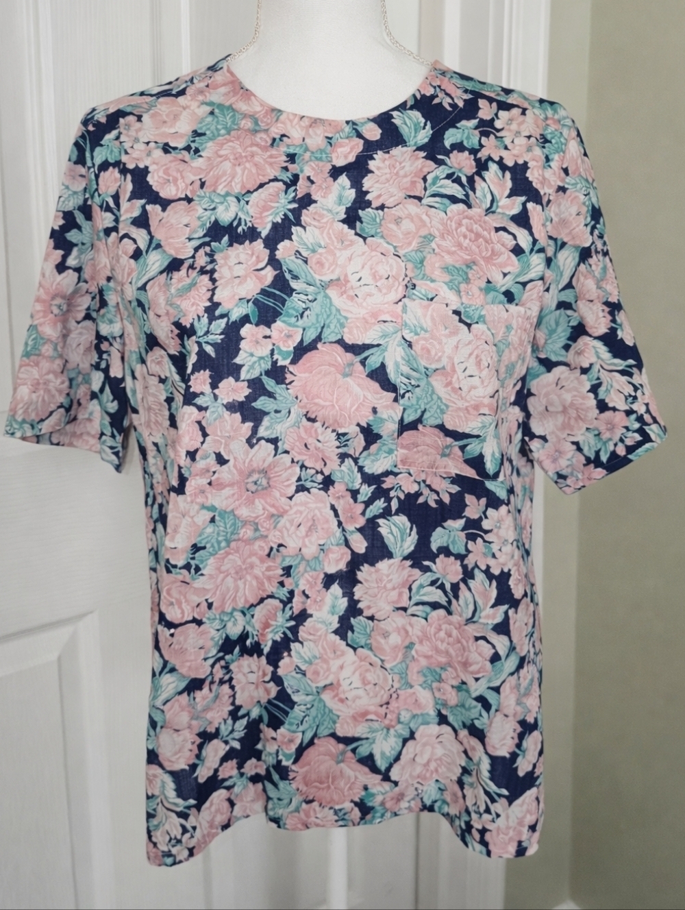 Vintage 90s Haberdashery by Leslie Fay Floral Blouse Boxy Dolman Sleeve Navy